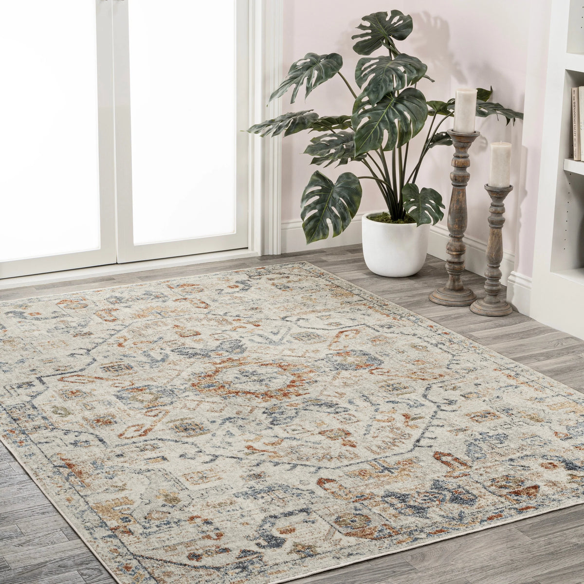 Bohemian Medallion Low-Pile Machine-Washable Area Rug, Cream and Terra