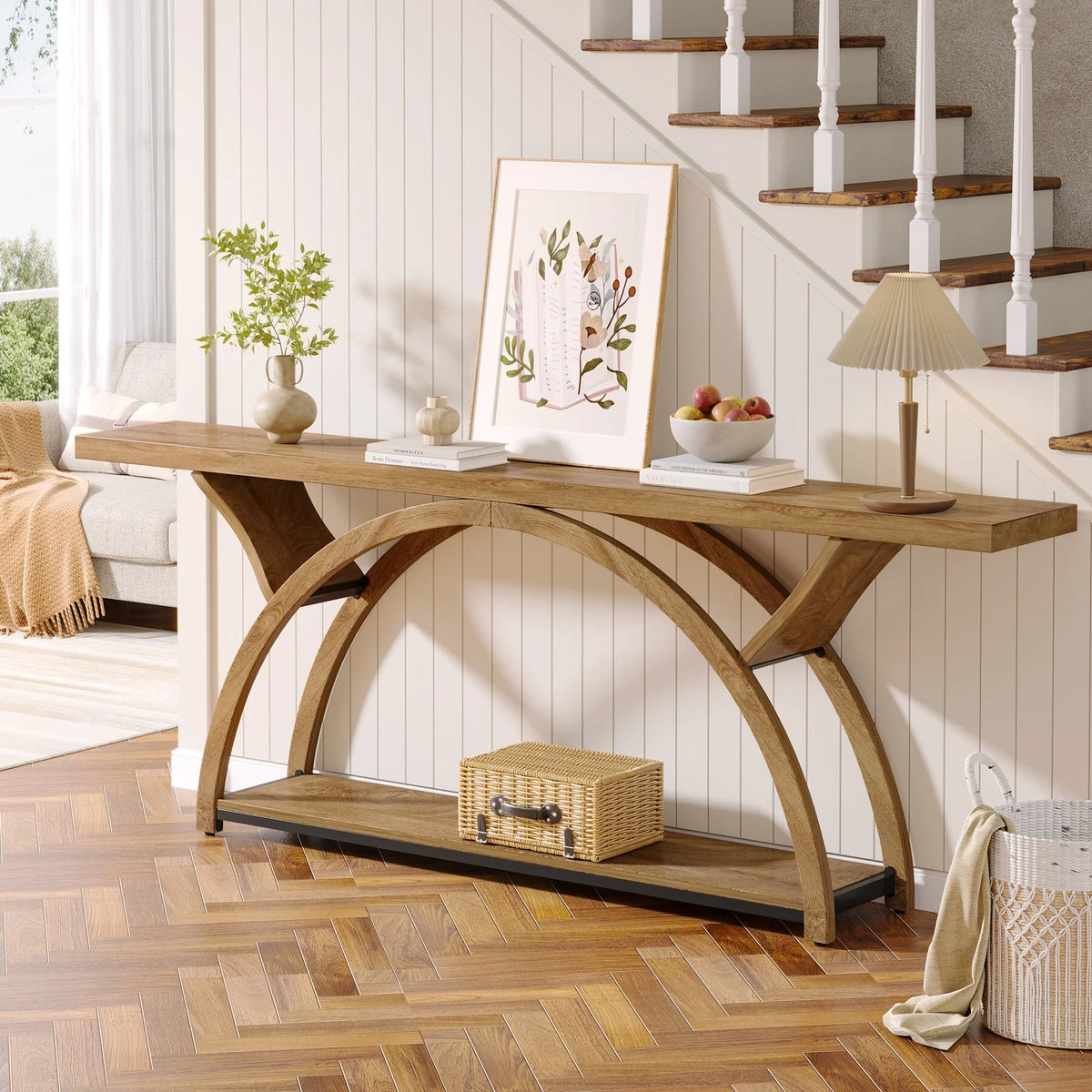 Gray 2-Tier Slim Console Sofa Table, Semi-Circular Metal Frame for Hallway