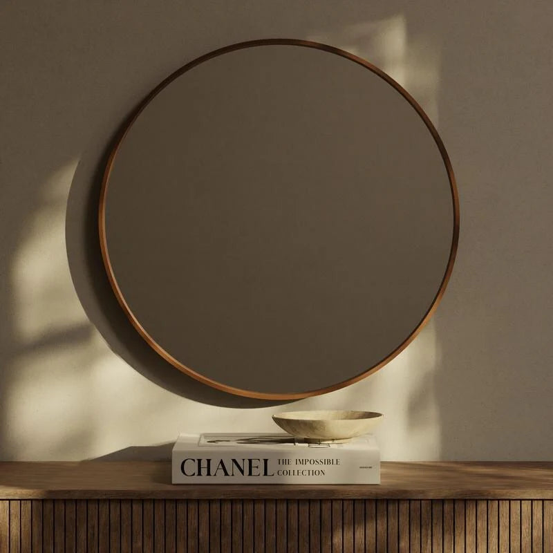 Classic Farmhouse Round Wall Mirror, Wooden Frame Decorative Accent Mirror for Living Room, Bedroom and Entryway