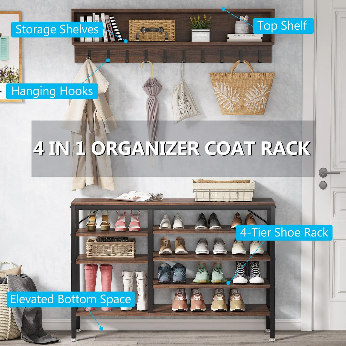 Entryway Coat Rack and Shoe Bench Set, Industrial Hall Tree with Coat and Shoe Storage