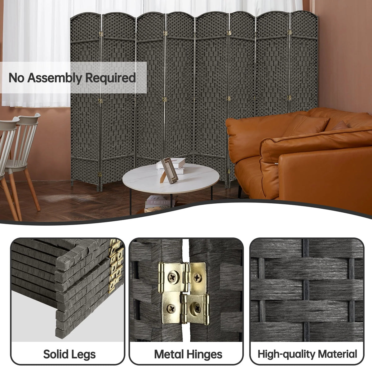 6 FT Tall Woven Fiber Room Divider, Freestanding Folding Privacy Screen