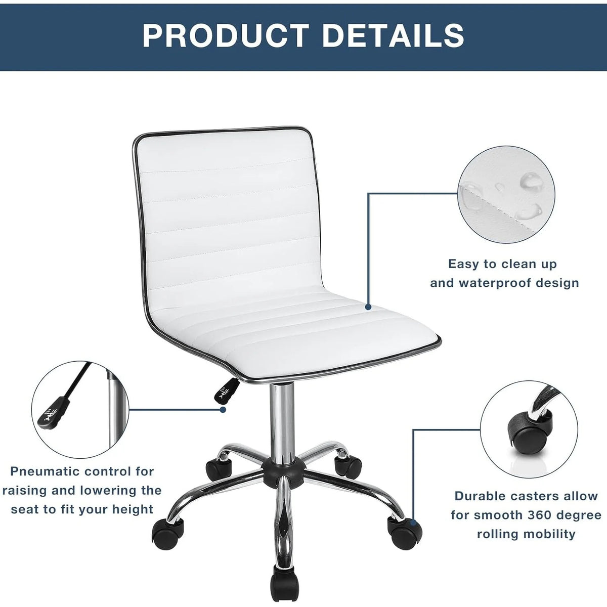 Adjustable Mid-Back Armless Swivel Office Chair, Ribbed Task and Vanity Chair for Small Spaces