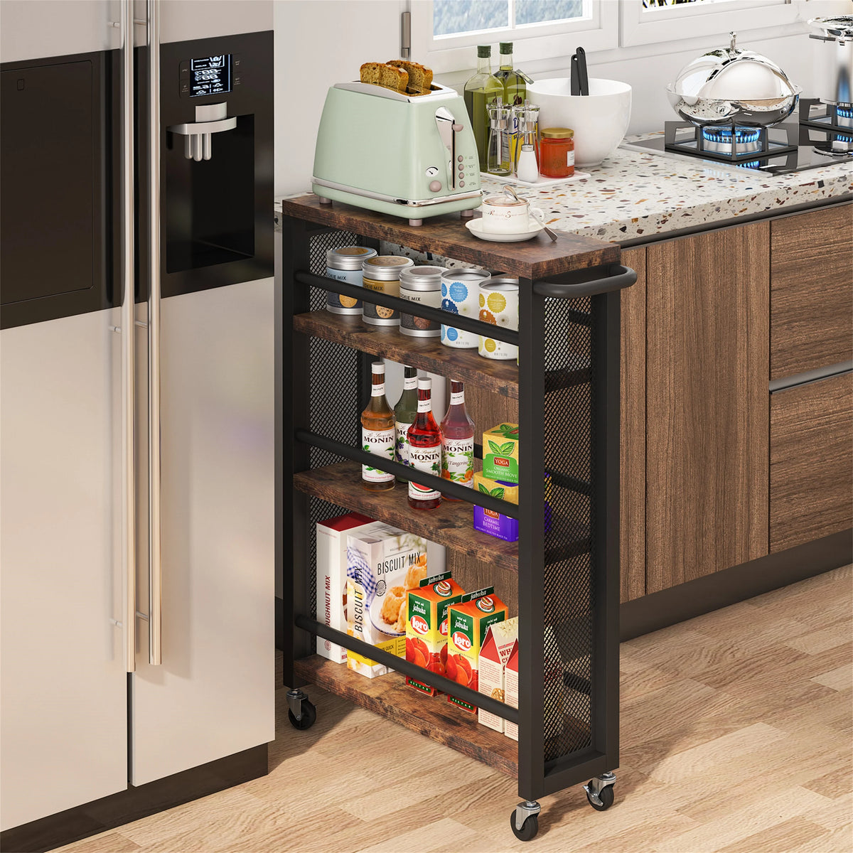 Brown 4-Tier Rolling Kitchen Storage Cart, Narrow Slim Utility Trolley with Wheels and Handle