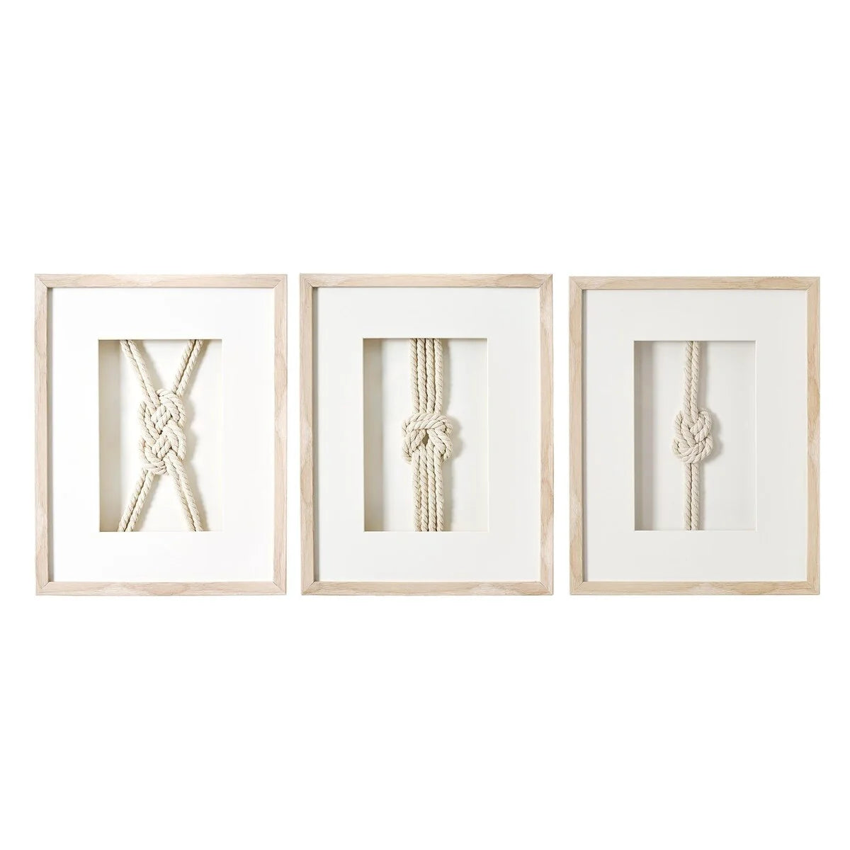 3-Piece Framed Nautical Knots Wall Decor Set, Natural Finish Coastal Wall Art