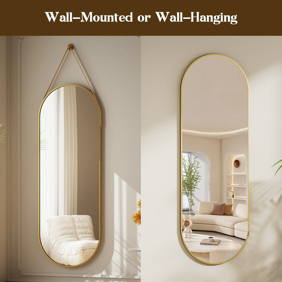 48 x 16 Inch Full Length Wall Mirror with Leather Strap, Hanging Full Body Mirror for Bedroom, Entryway and Home Decor