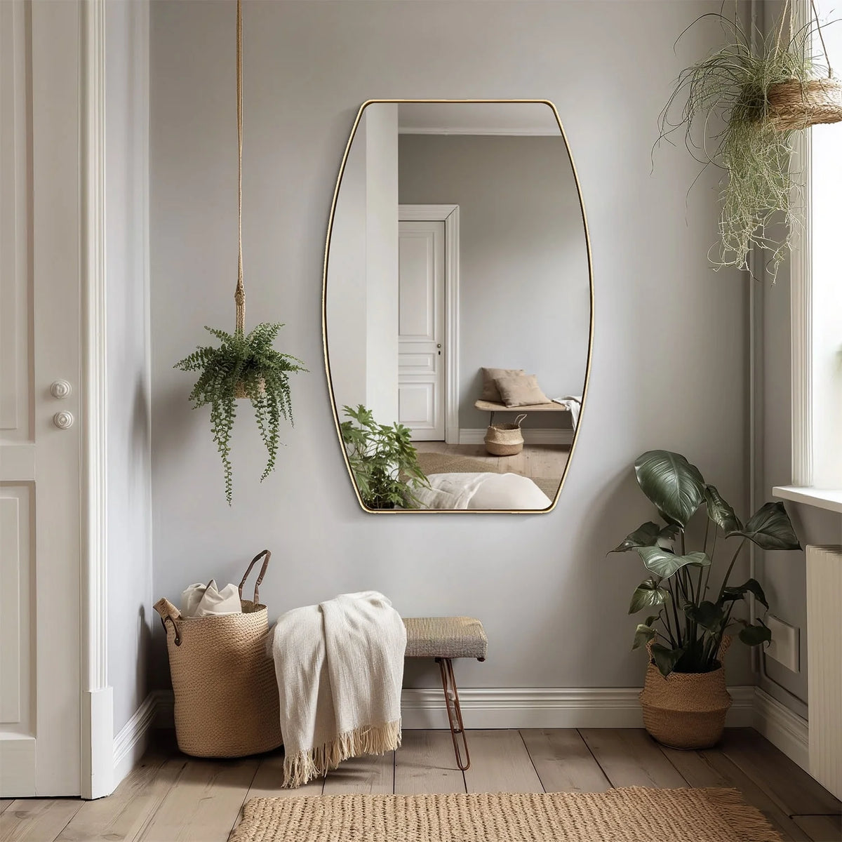 Modern Oblong Metal Wall Mirror, Decorative Elongated Hanging Mirror for Living Room, Bedroom and Entryway