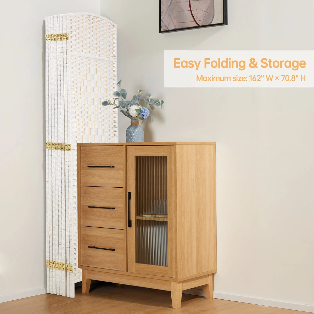 6 FT Tall Woven Fiber Room Divider, Freestanding Folding Privacy Screen