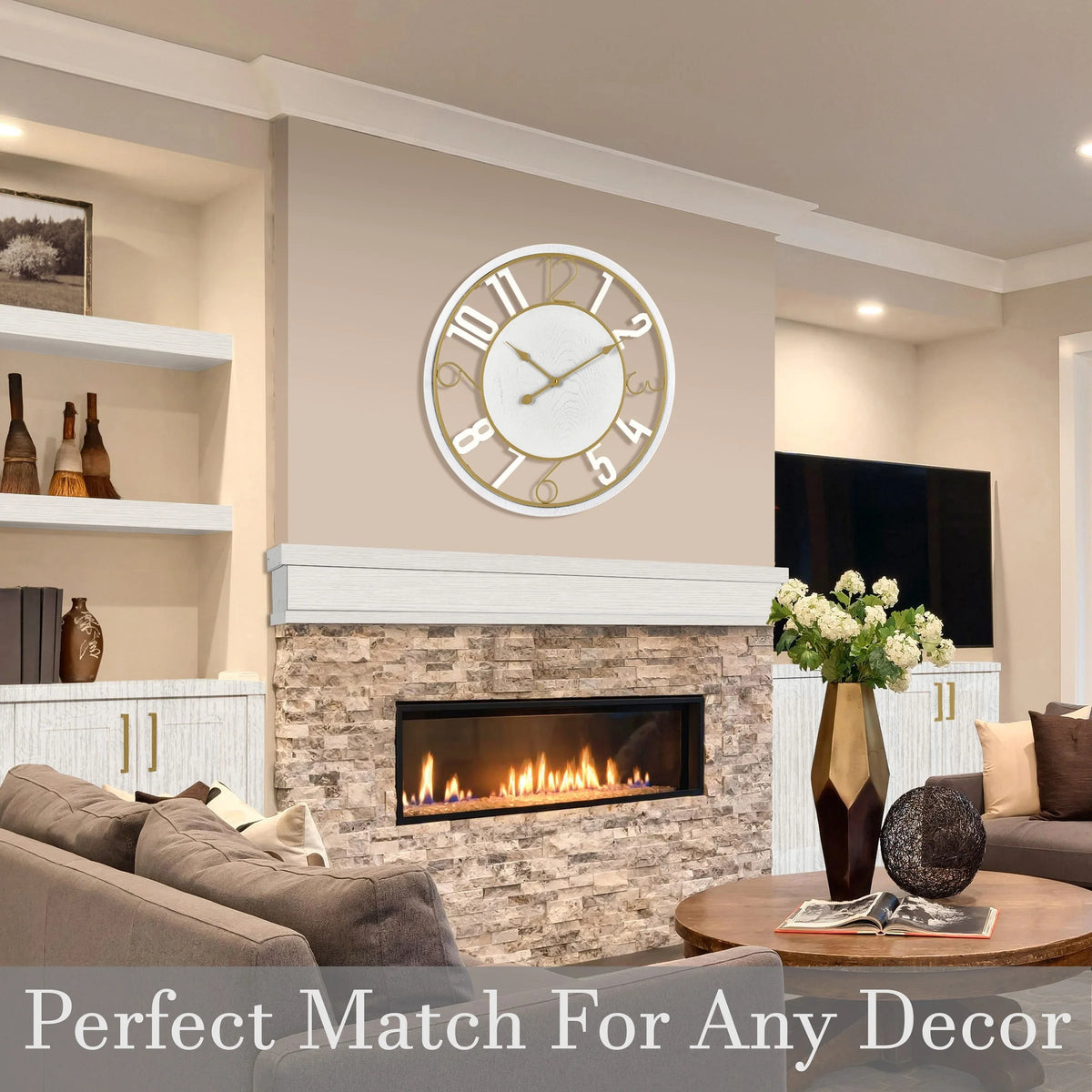 24 Inch Round Wooden Wall Clock, Modern Analog Clock with Numeral Design, Battery Operated