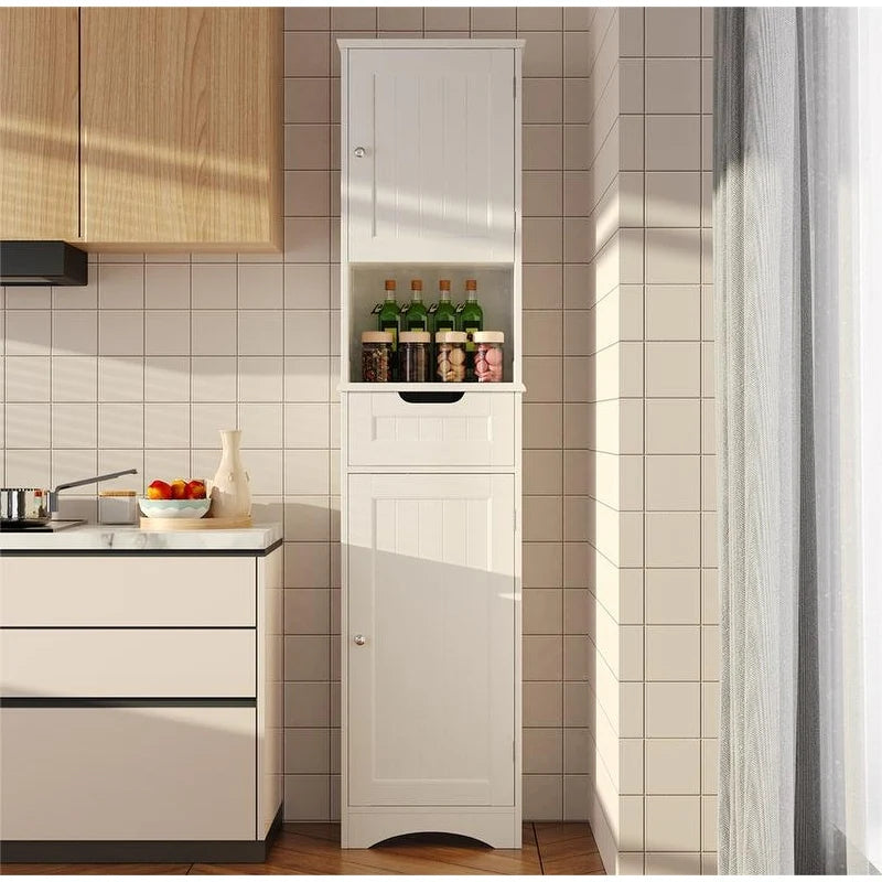 67 Inch Tall Narrow Bathroom Linen Cabinet, 5-Tier Solid Wood Freestanding Storage Cabinet