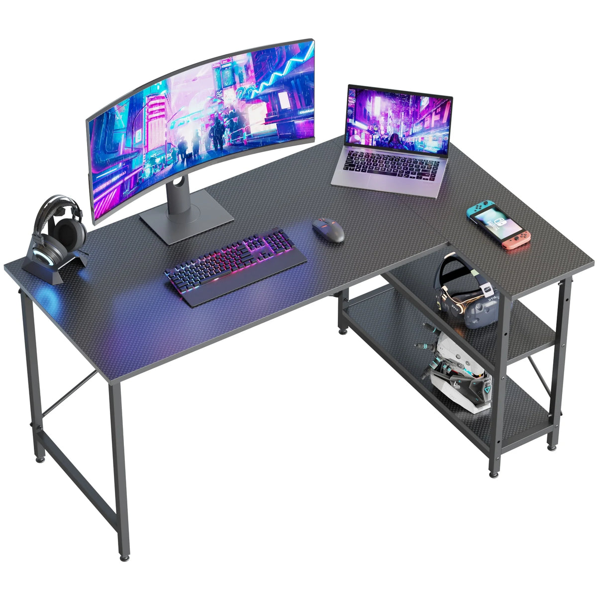 Small L Shaped Computer Desk with Storage Shelves, Compact Corner Workstation for Home Office and Study