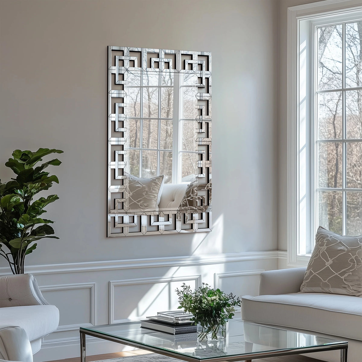 Large Silver Geometric Wall Mirror, Modern Decorative Accent Mirror for Living Room, Bedroom and Entryway