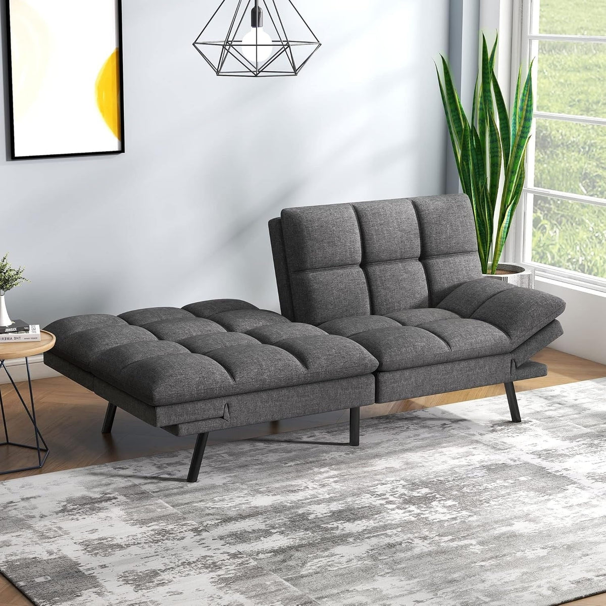 Convertible Futon Sofa Bed with Memory Foam, Foldable Loveseat Sleeper with Adjustable Armrests
