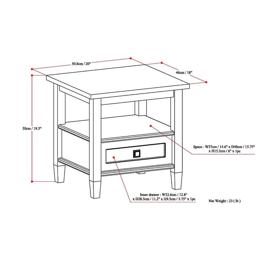 20 Inch Wide Solid Wood Rectangle End Table, Transitional Side Table
