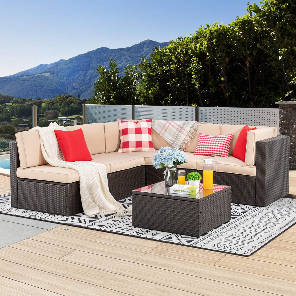 5-Piece All-Weather Patio Furniture Set with Ottoman, Outdoor Wicker Conversation Sofa Set with Cushions for Garden, Deck & Backyard