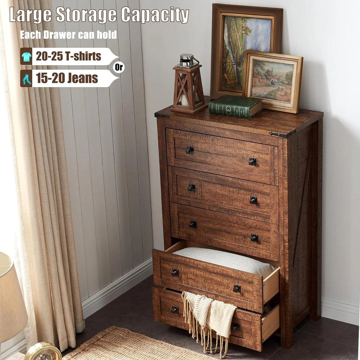 48 Inch Tall Farmhouse Wood Dresser, 5 Drawer Chest of Drawers for Bedroom