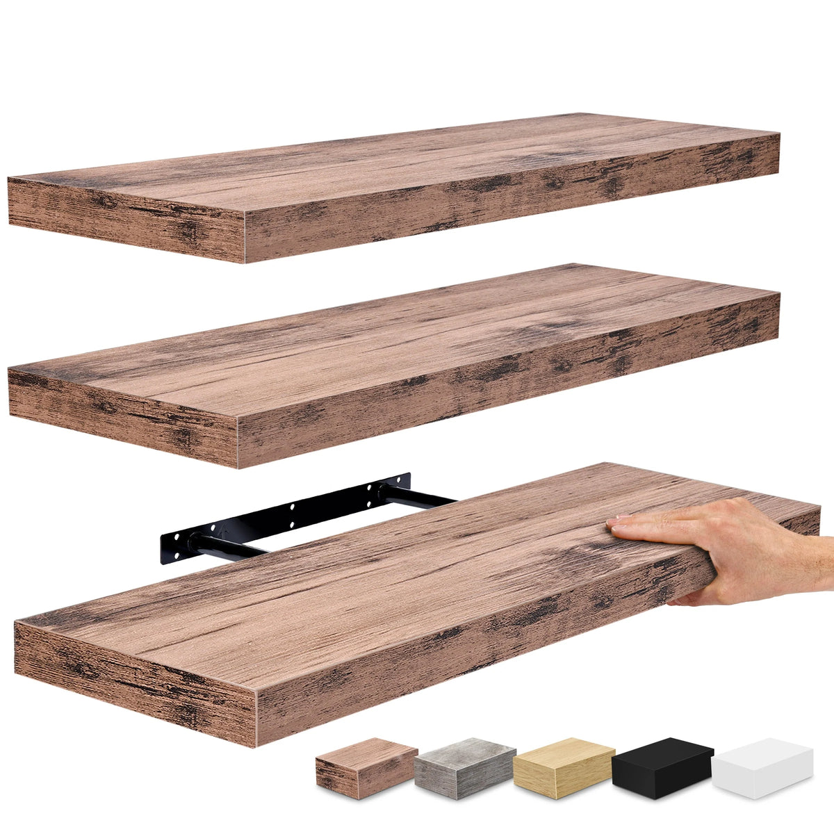 Set of 3 Floating Wood Wall Shelves, Wall Mounted Display and Storage Shelves with Invisible Brackets for Books and Home Decor
