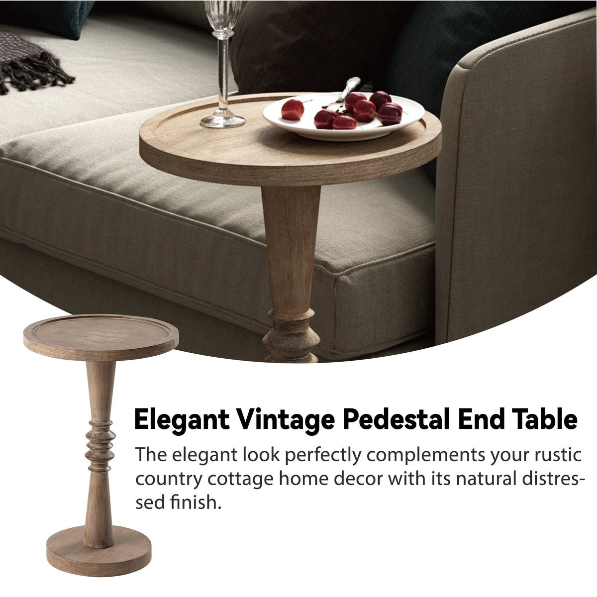 Small Pedestal End Table with Tray Top, Farmhouse Distressed Finish Accent Table