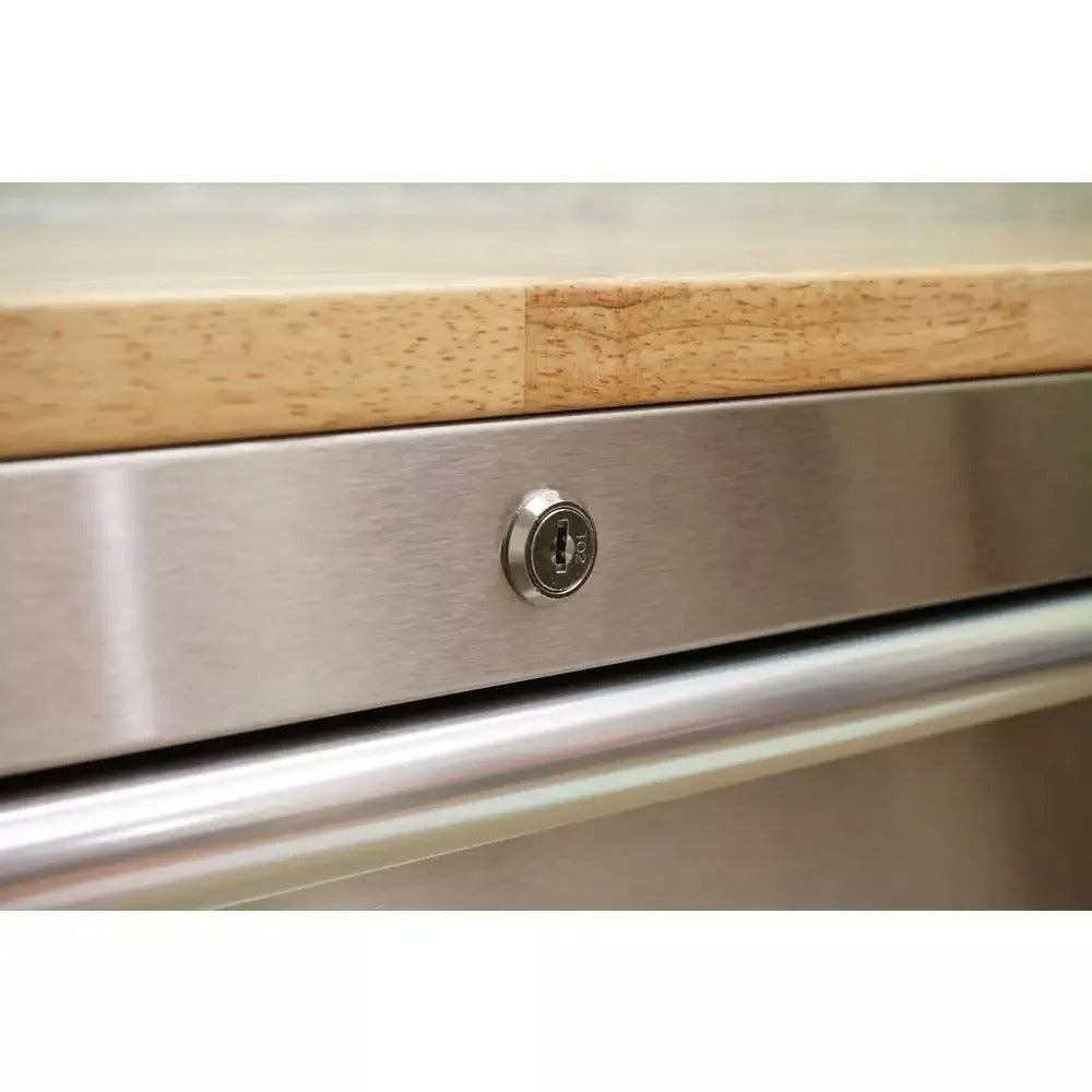 72-Inch 18-Drawer Mobile Workbench, 24-Inch Deep, with Solid Wood Top and Stainless Steel Finish