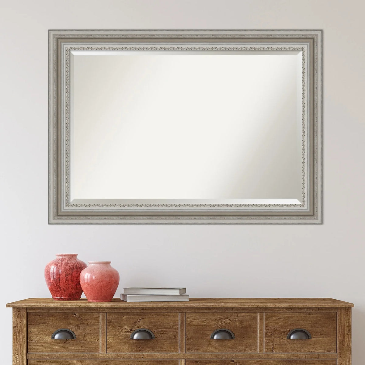 Beveled Bathroom Wall Mirror, Silver Frame Decorative Vanity Mirror for Bathroom, Bedroom and Entryway
