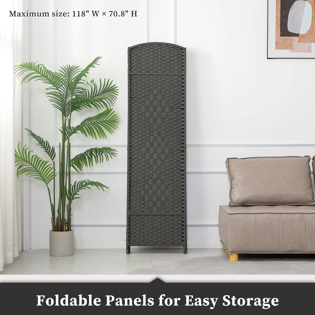 6 FT Tall Woven Fiber Room Divider, Freestanding Folding Privacy Screen