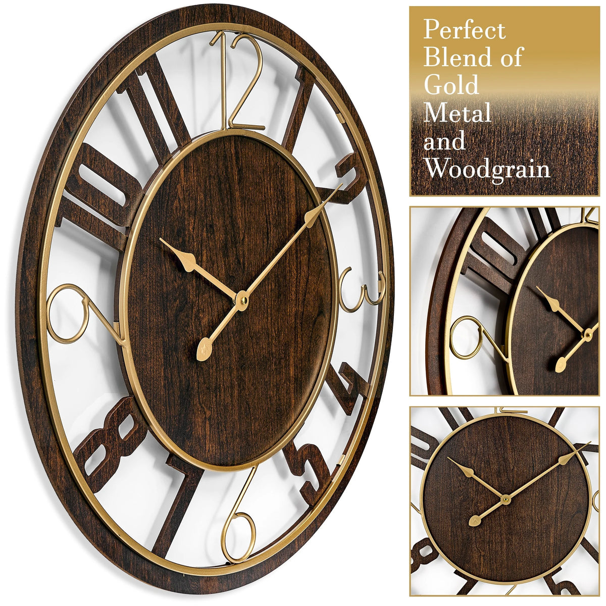 24 Inch Round Wooden Wall Clock, Modern Analog Clock with Numeral Design, Battery Operated