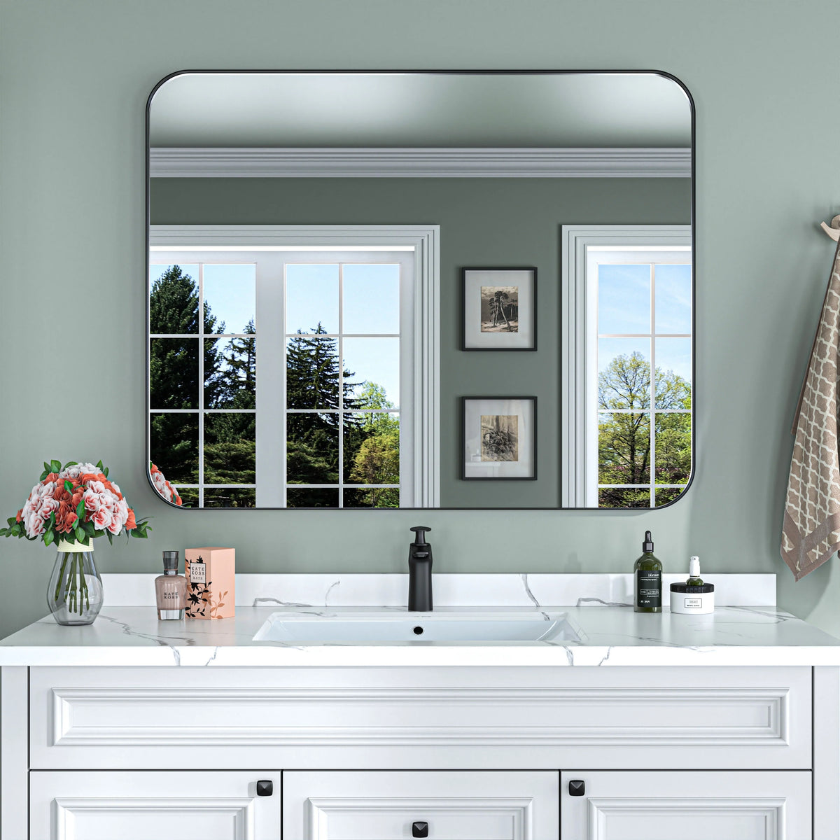 Aluminum Alloy Rounded Corner Vanity Mirror, Modern Wall Mounted Mirror for Bathroom, Bedroom and Home Decor