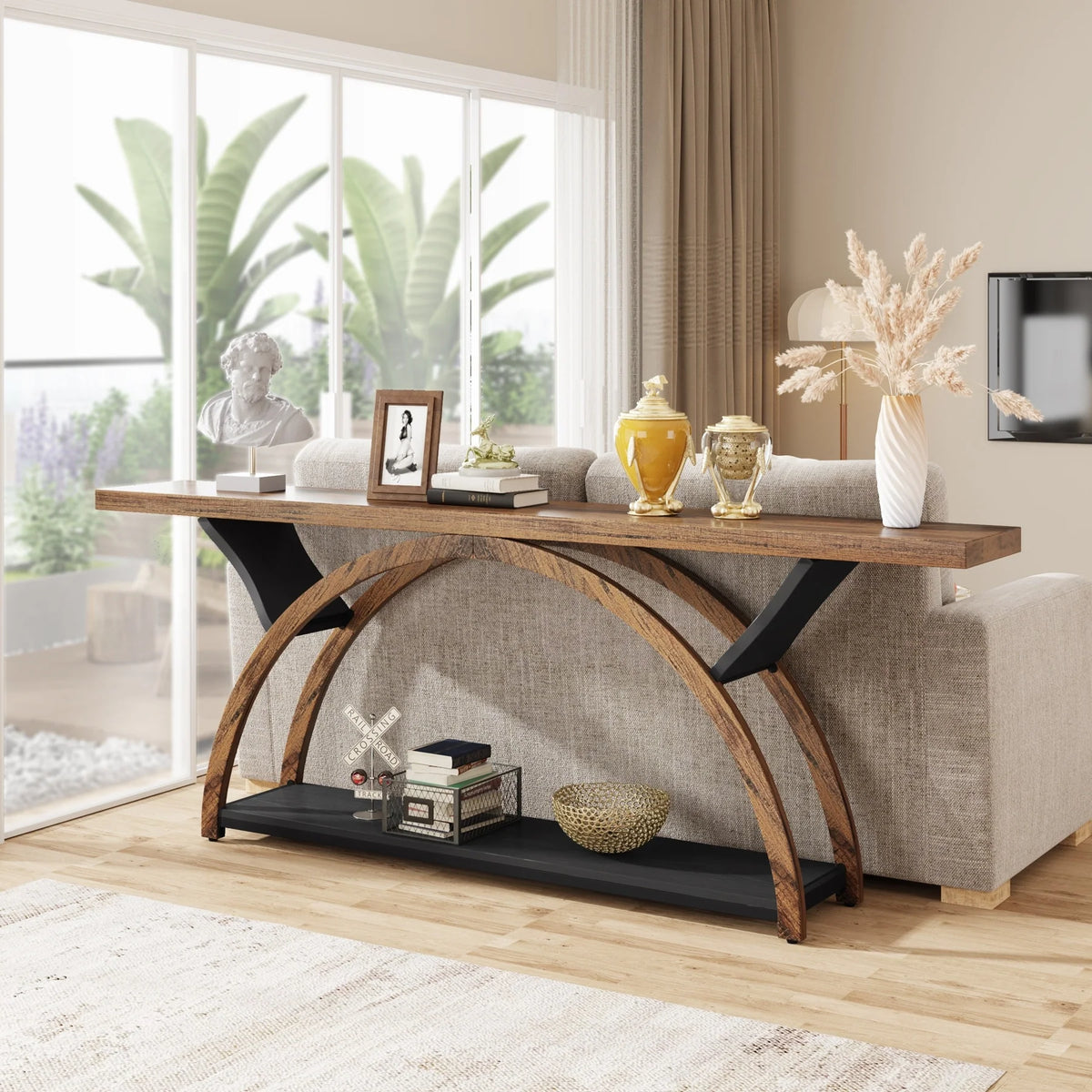 Gray 2-Tier Slim Console Sofa Table, Semi-Circular Metal Frame for Hallway
