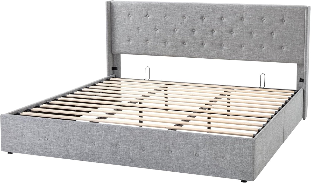 Queen Size Lift Up Storage Bed with Wingback Headboard, Upholstered Platform Bed Frame with Hidden Storage