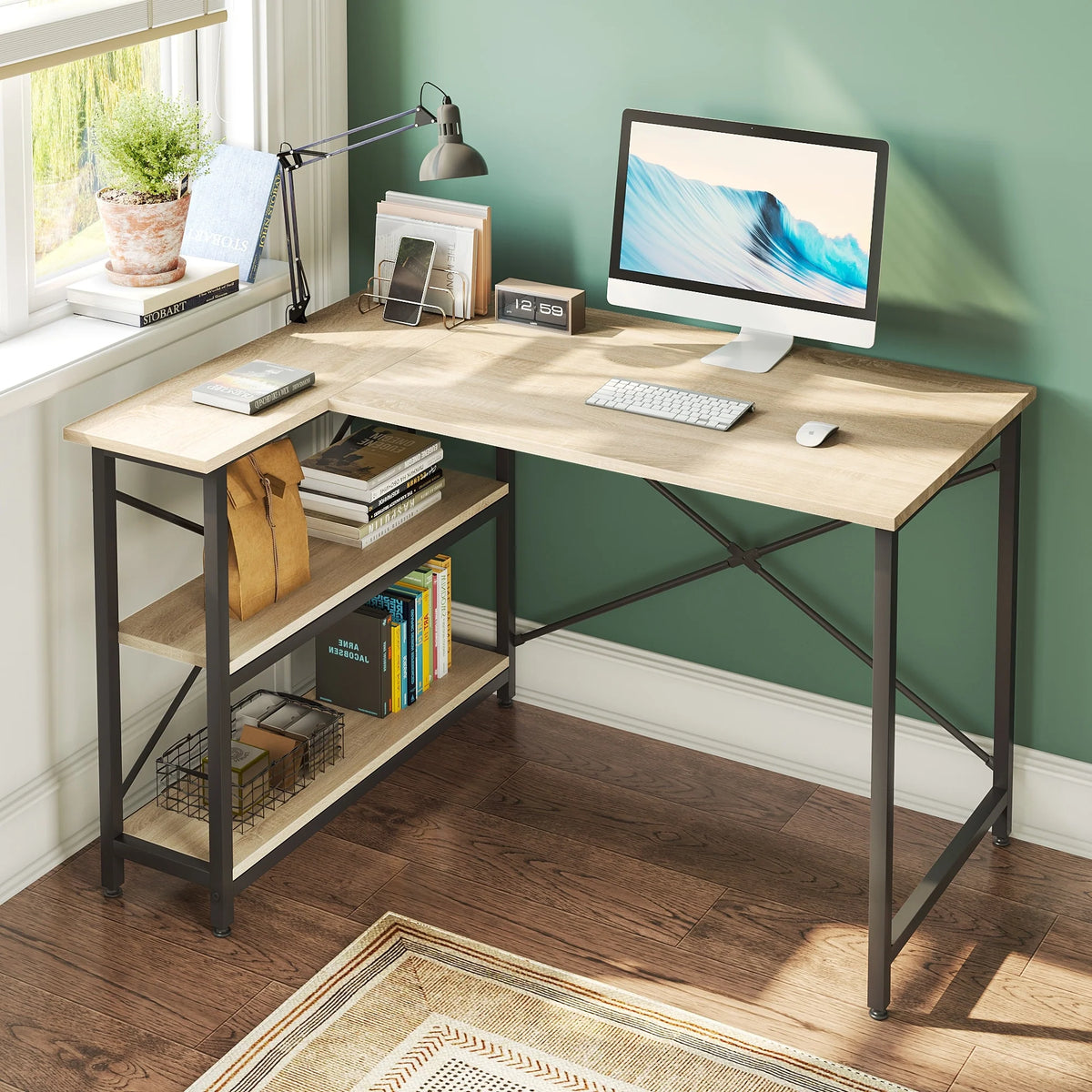 Small L Shaped Computer Desk with Storage Shelves, Compact Corner Workstation for Home Office and Study