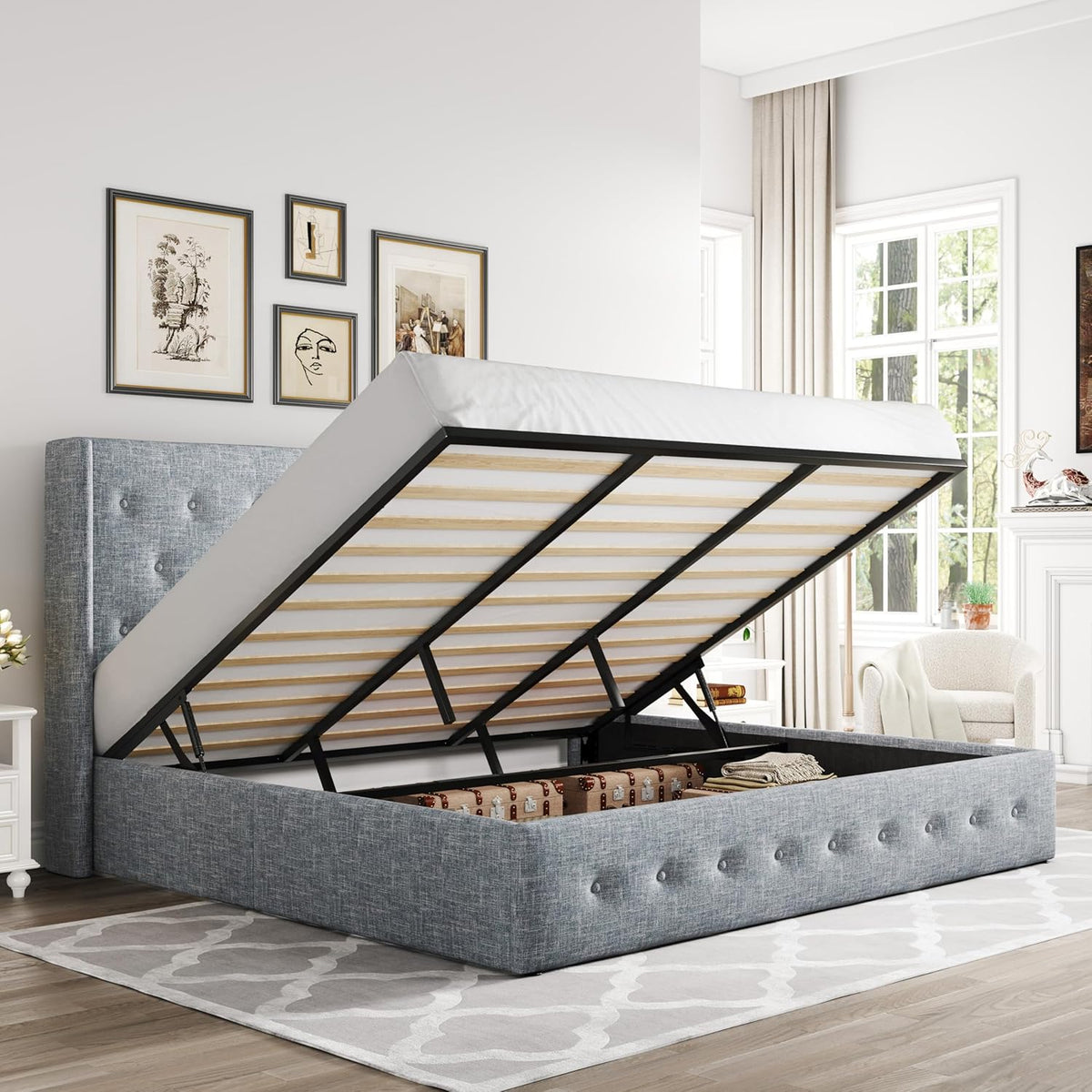 Queen Size Lift Up Storage Bed with Wingback Headboard, Upholstered Platform Bed Frame with Hidden Storage