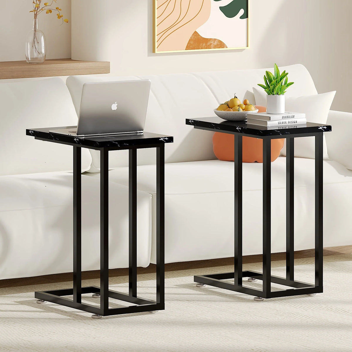 Set of 2 C-Shaped Sofa Side Tables, Small End Tables for Living Room, Bedside and TV Tray