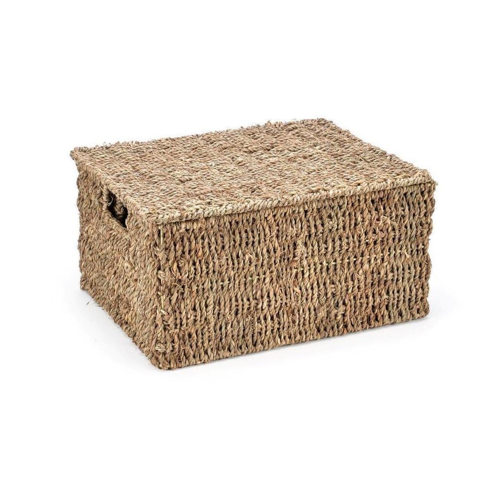 Set of 3 Small Rectangular Seagrass Baskets with Lids, Woven Storage Baskets