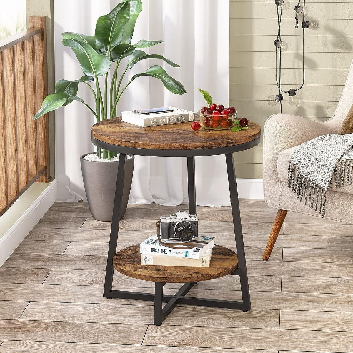 Industrial Round End Table, Small Side Table and Accent Coffee Table for Living Room and Bedroom