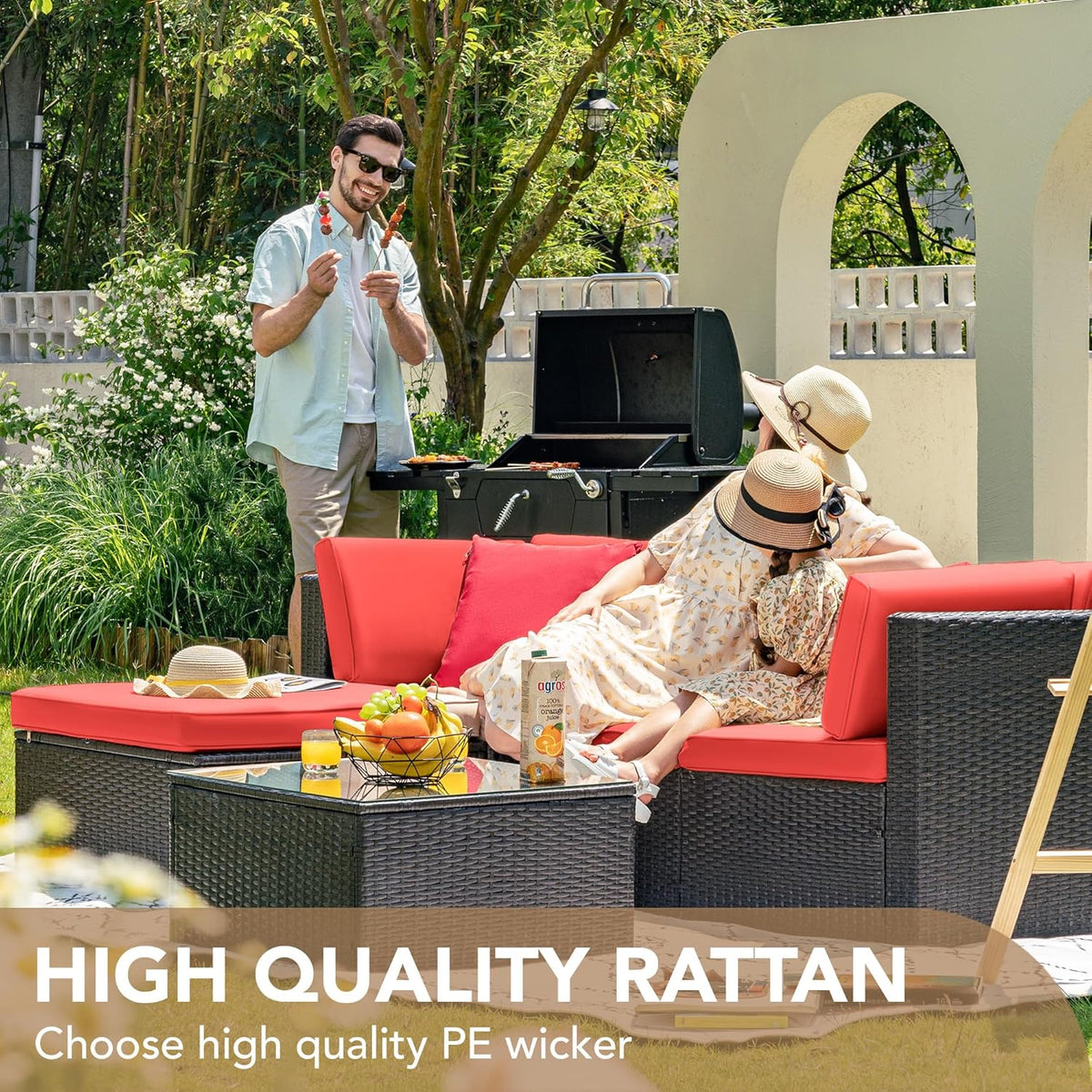 5-Piece All-Weather Patio Furniture Set with Cushions, Outdoor Wicker Conversation Sofa Set for Garden, Deck & Backyard