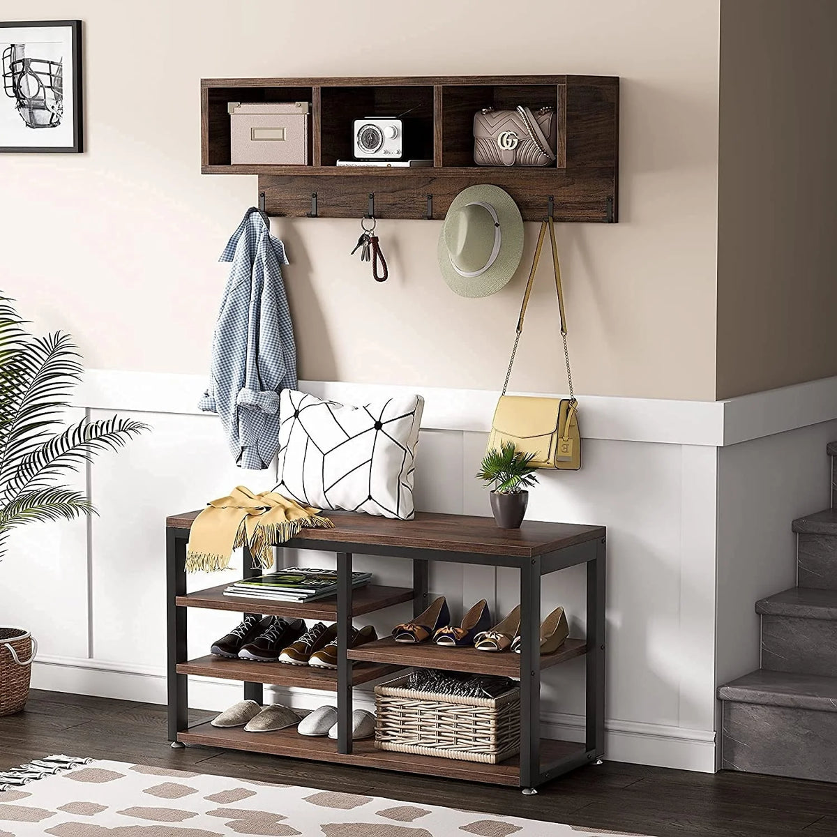 Entryway Coat Rack and Shoe Bench Set, Industrial Hall Tree with Coat and Shoe Storage