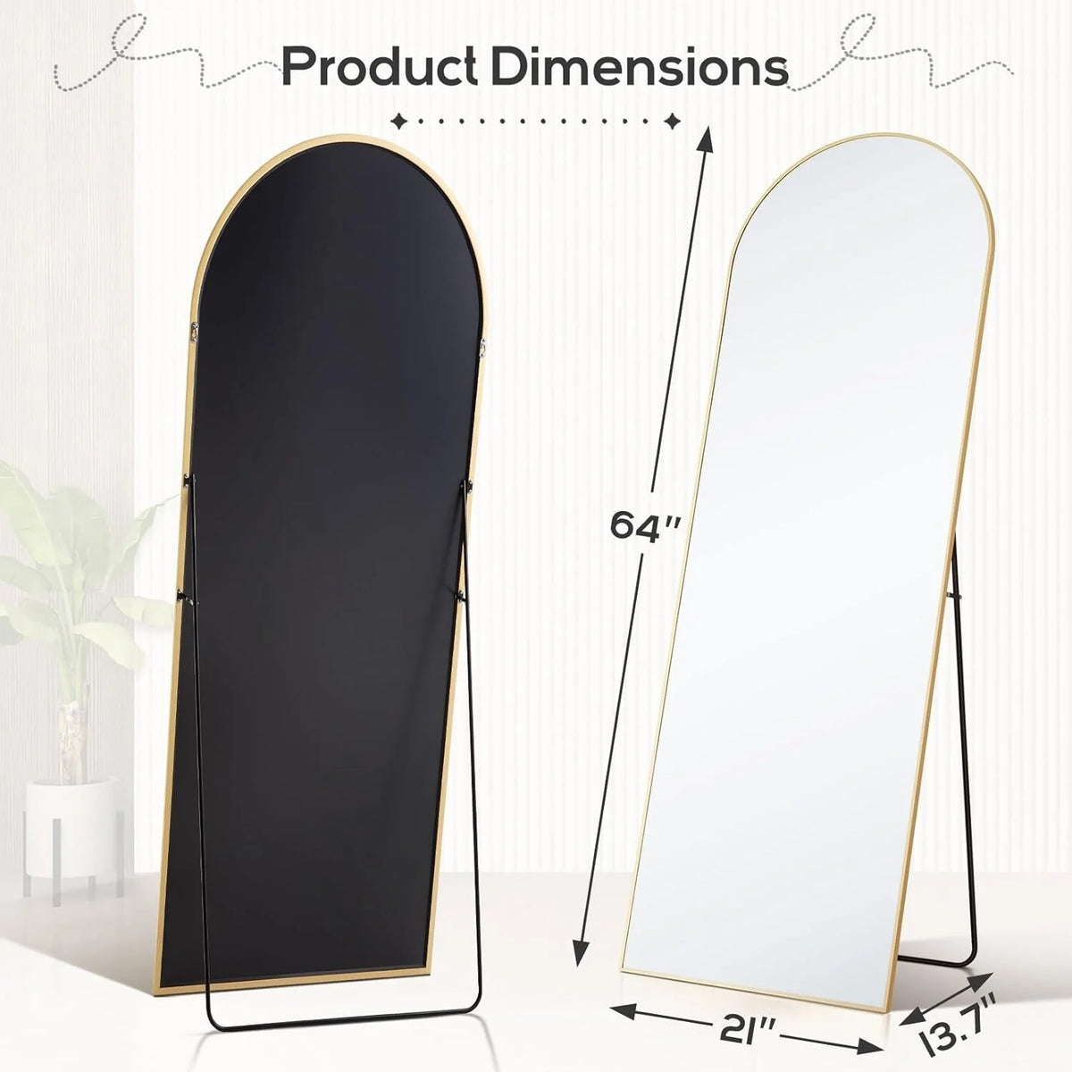 21x64 Full Length Arched Mirror, Large Tall Body Dressing Mirror with Aluminum Alloy Frame, Stand and Wall Mount Option