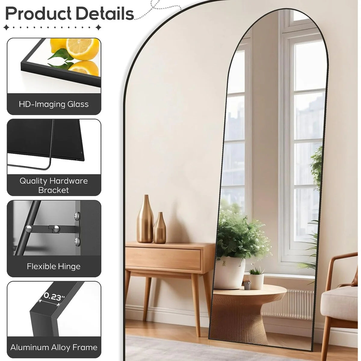 Full Length Mirror with Stand, Aluminum Alloy Frame Full Body Floor Mirror for Bedroom and Cloakroom