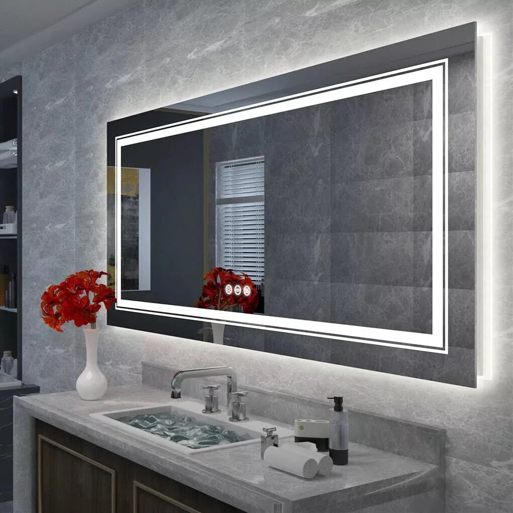 Extra Large LED Lighted Bathroom Mirror, Anti-Fog Wall Mounted Vanity Mirror with 3 Colors