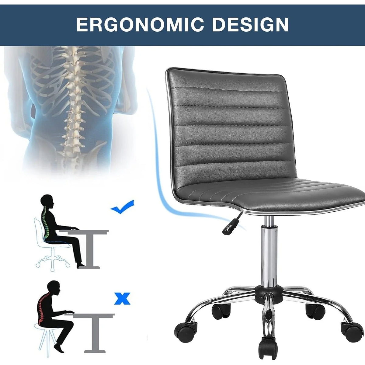 Adjustable Mid-Back Armless Swivel Office Chair, Ribbed Task and Vanity Chair for Small Spaces