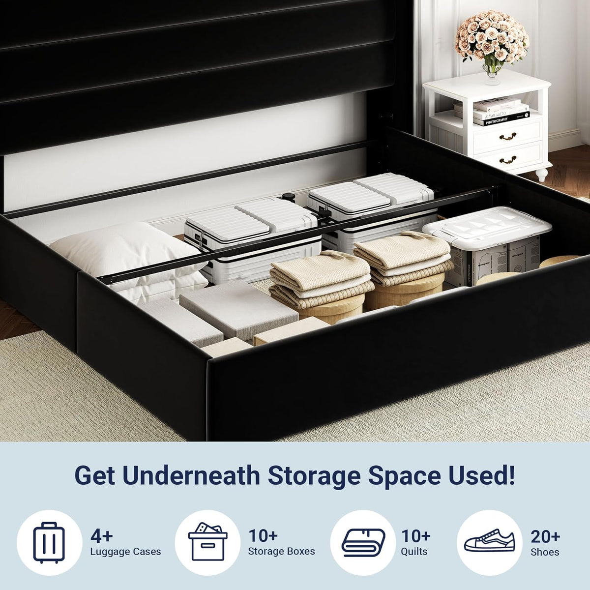 Queen Size Lift Up Storage Bed with Wingback Headboard, Upholstered Platform Bed Frame with Hidden Storage