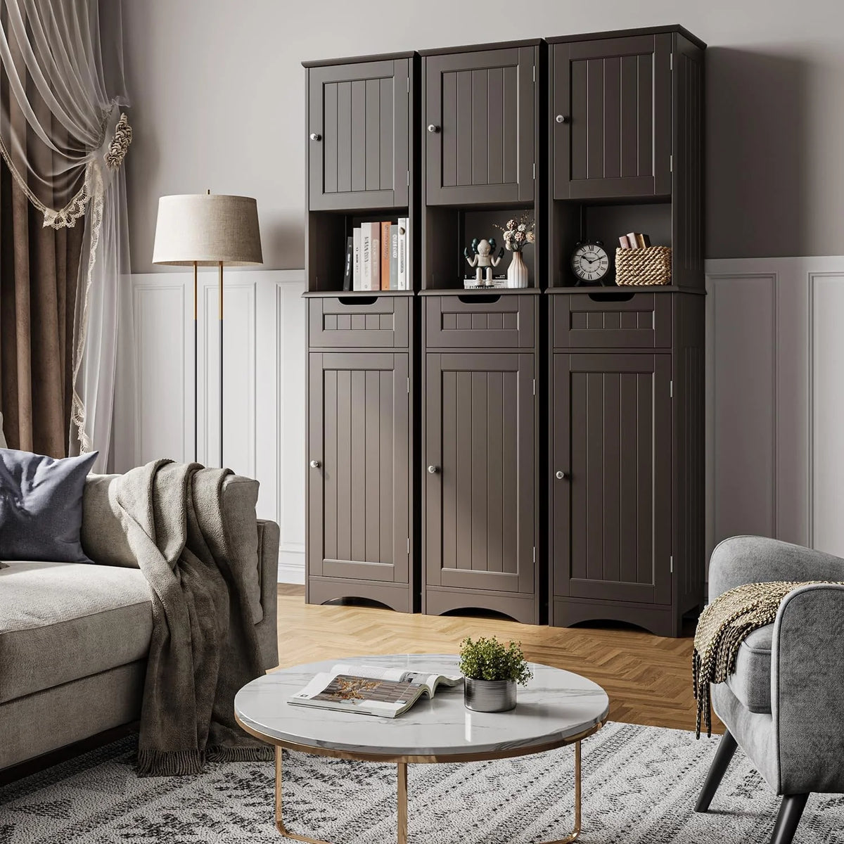 67 Inch Tall Narrow Bathroom Linen Cabinet, 5-Tier Solid Wood Freestanding Storage Cabinet