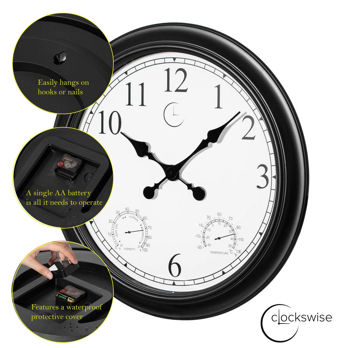Large Outdoor Wall Clock with Thermometer, Waterproof Silent Garden Weather Station, Black