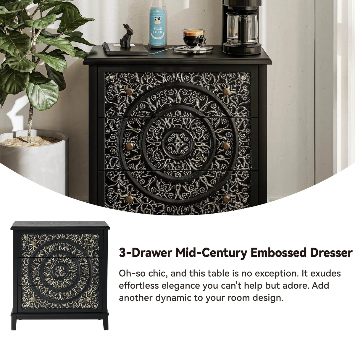 Farmhouse Fully Assembled Nightstand with 2 Drawers, Flower Motif End Table for Small Spaces