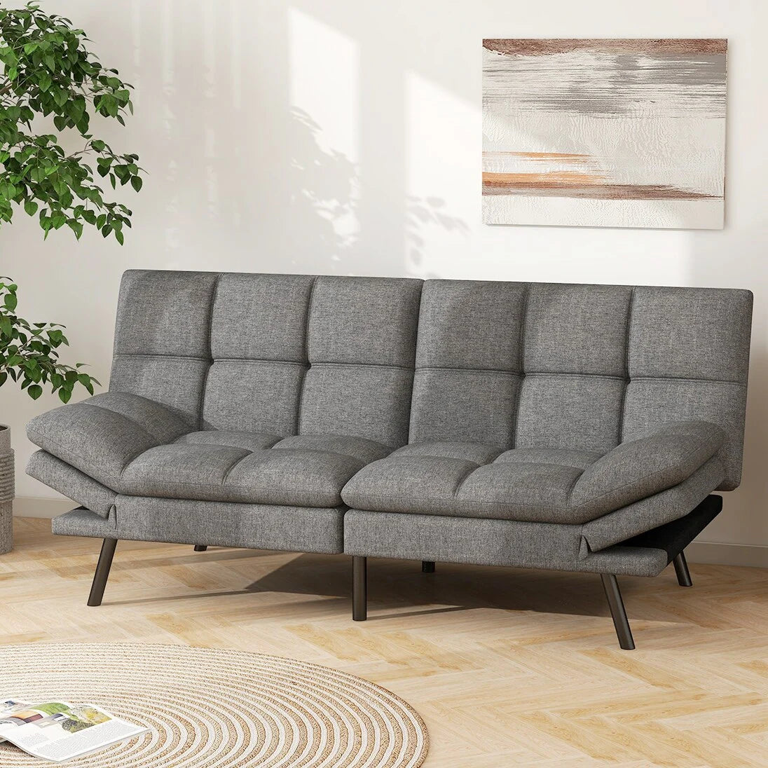Convertible Futon Sofa Bed with Memory Foam, Foldable Loveseat Sleeper with Adjustable Armrests