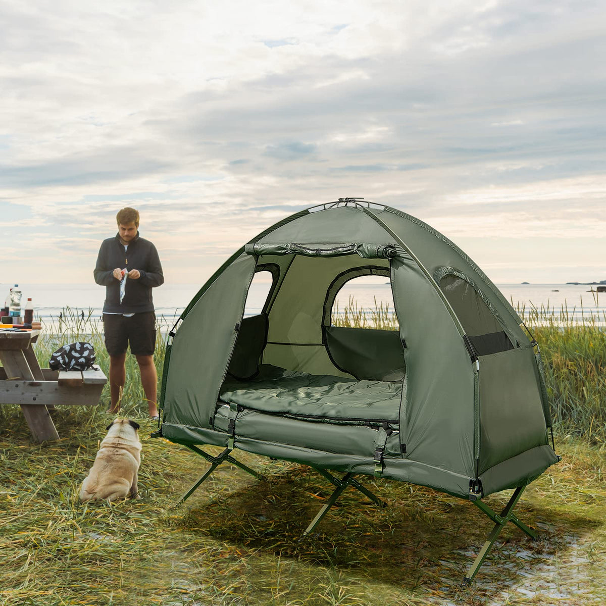 5-in-1 Folding Camping Cot �� Tent with Air Mattress, Pillow & Sleeping Bag