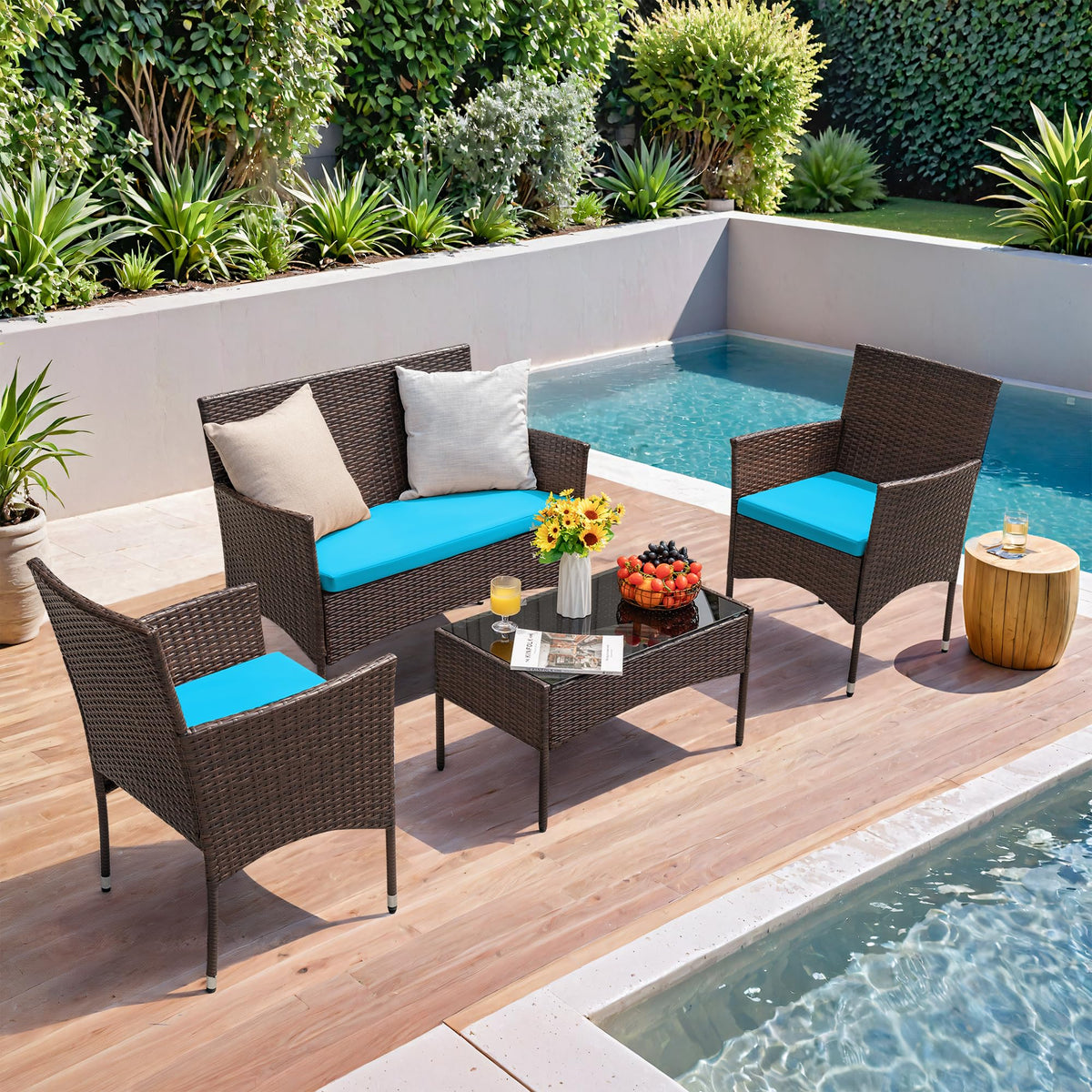 4-Piece Outdoor Patio Furniture Set, Rattan Wicker Chairs and Outdoor Seating Set