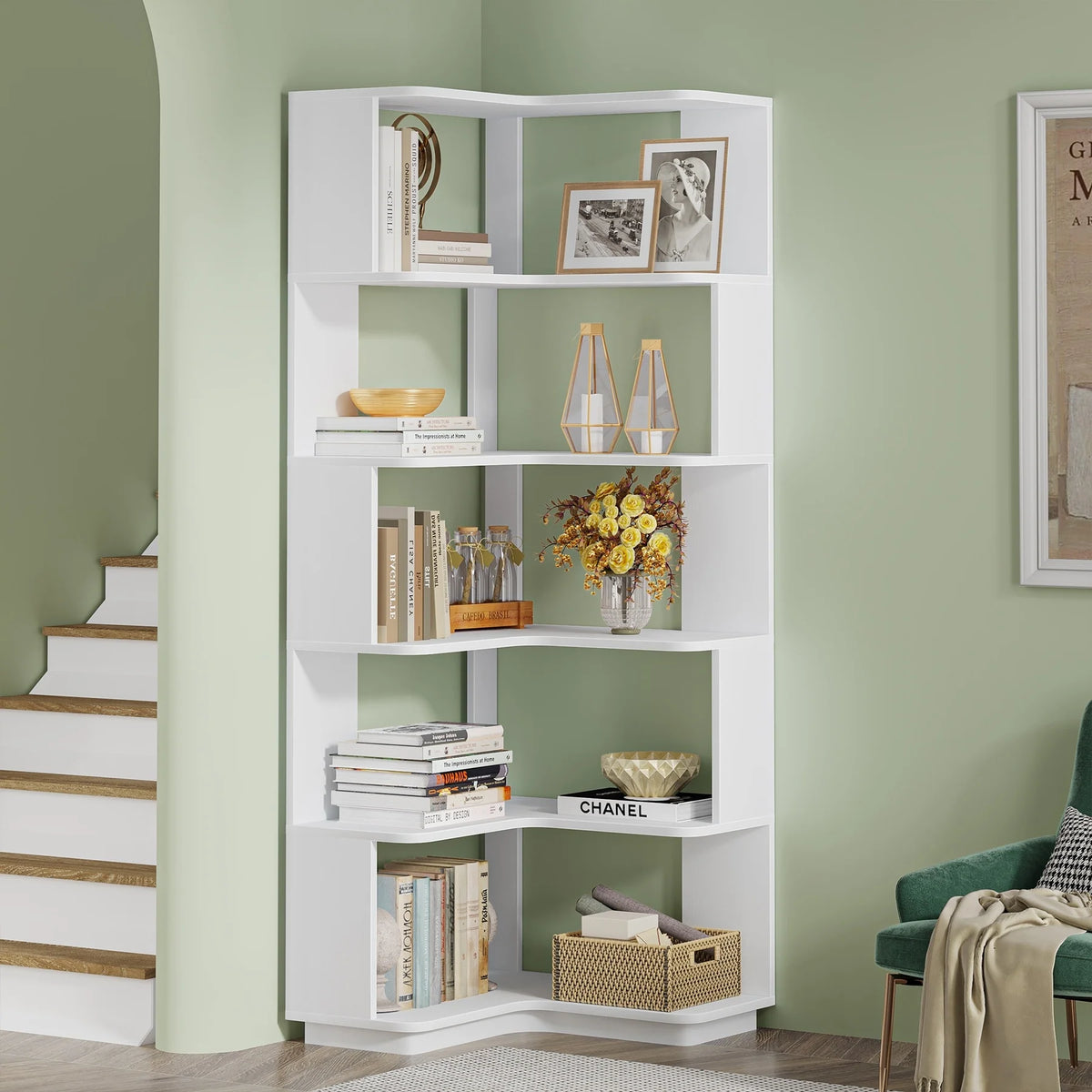 64.9 Inch Tall 6-Tier Corner Bookshelf, Freestanding Wood Industrial Bookcase