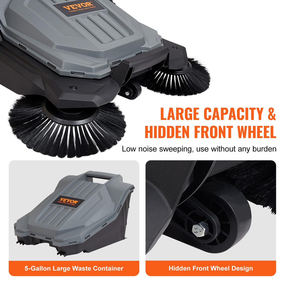 Walk-Behind Hand Push Floor Sweeper, 5-Gallon Waste Container, Manual Outdoor Sweeping Machine