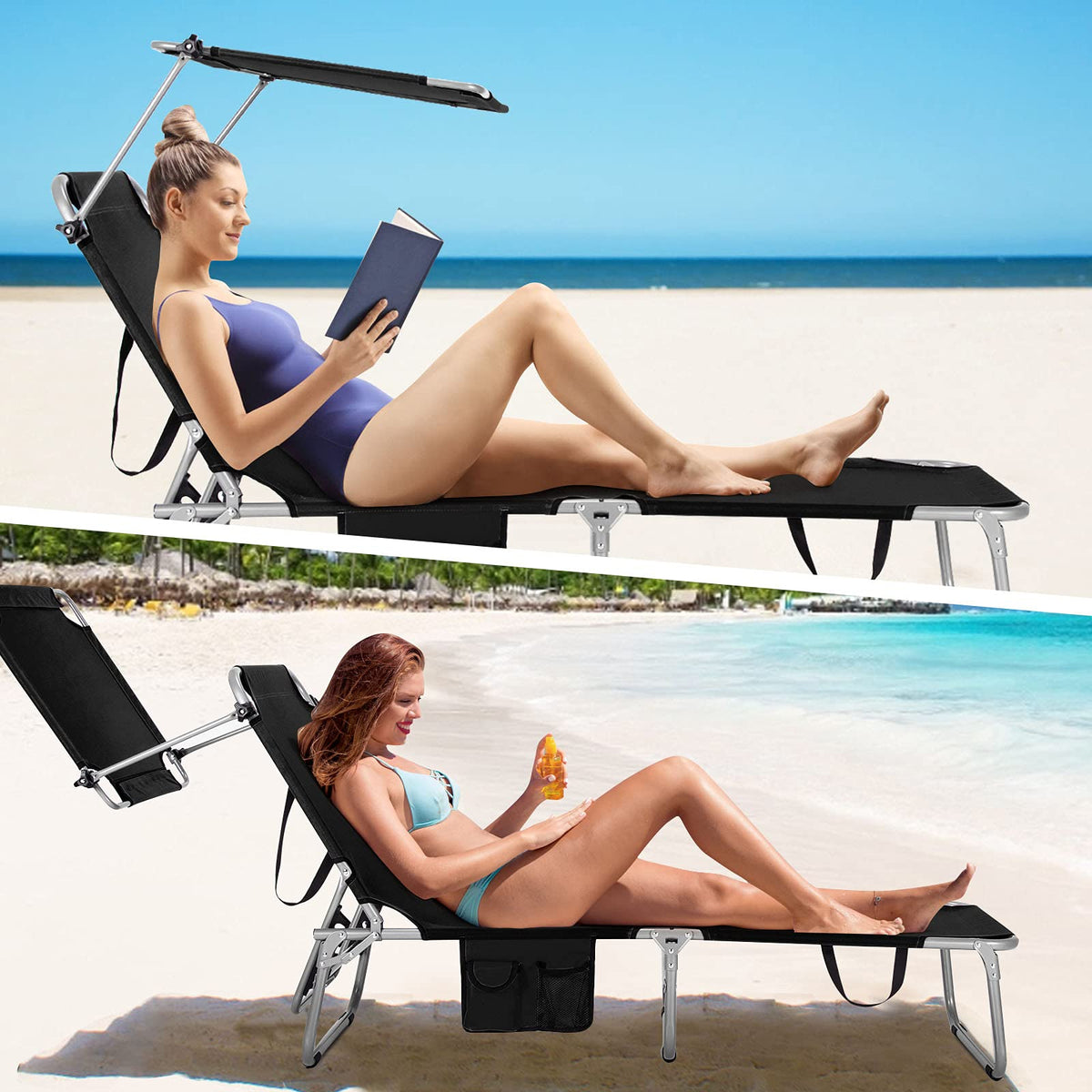 Folding Lounge Chair with Canopy �� Shade Chair with Storage Pocket