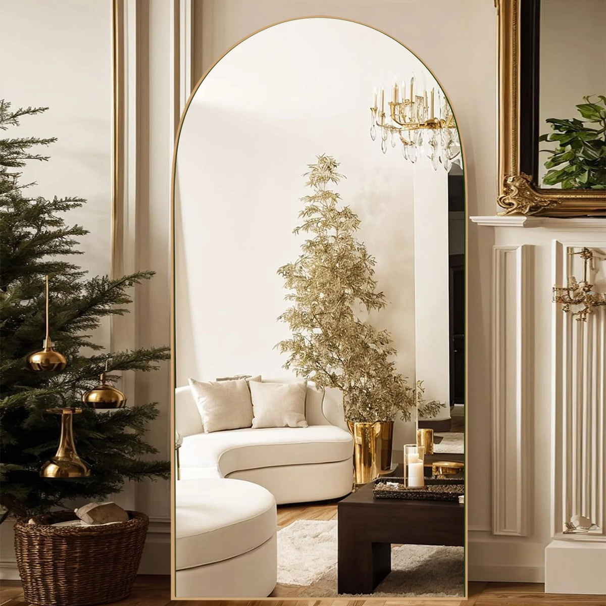 Arched Full Length Wood Floor Mirror, Full Body Standing and Wall Mounted Mirror for Bedroom, Living Room and Home Decor